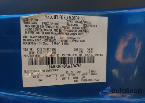 2010 Ford Focus Ses из США, поврежденный, VIN 1FAHP3GN0AW276264